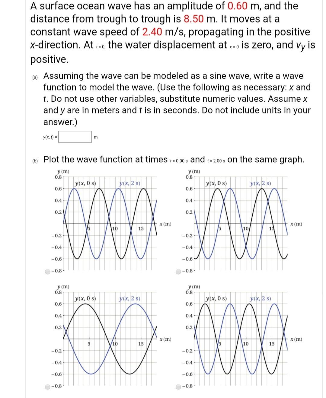 Solved A surface ocean wave has an amplitude of 0.60 m, and | Chegg.com