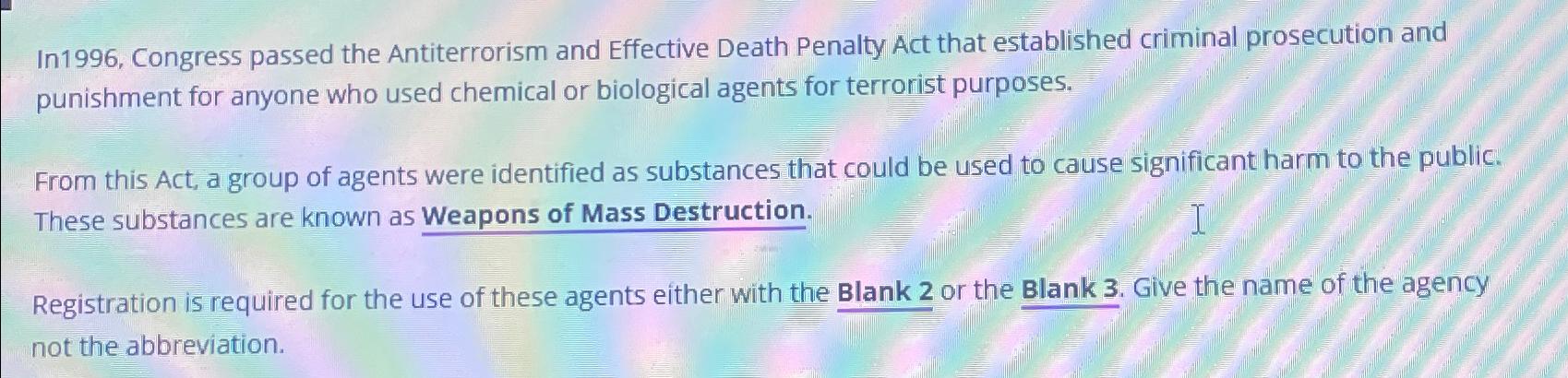 Solved In1996, ﻿Congress passed the Antiterrorism and | Chegg.com