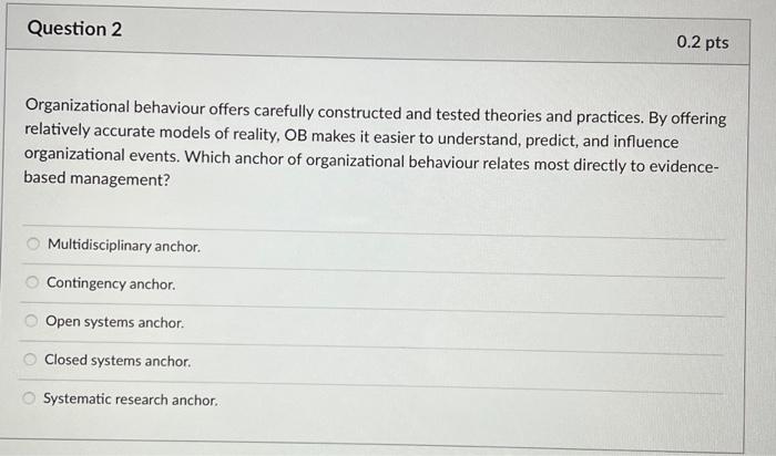 Mauve Behalf Encyclopedia Solved Question 2 0.2 pts Organizational behaviour offers | Chegg.com