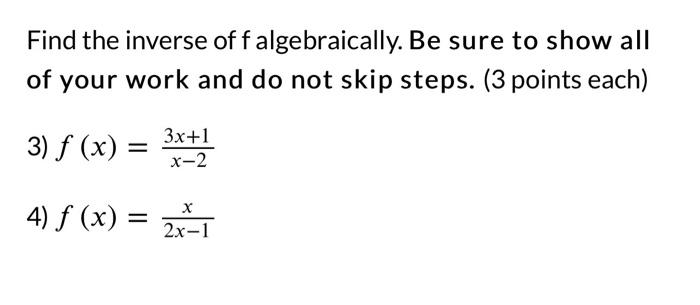 Solved Find the inverse of f algebraically. Be sure to show | Chegg.com