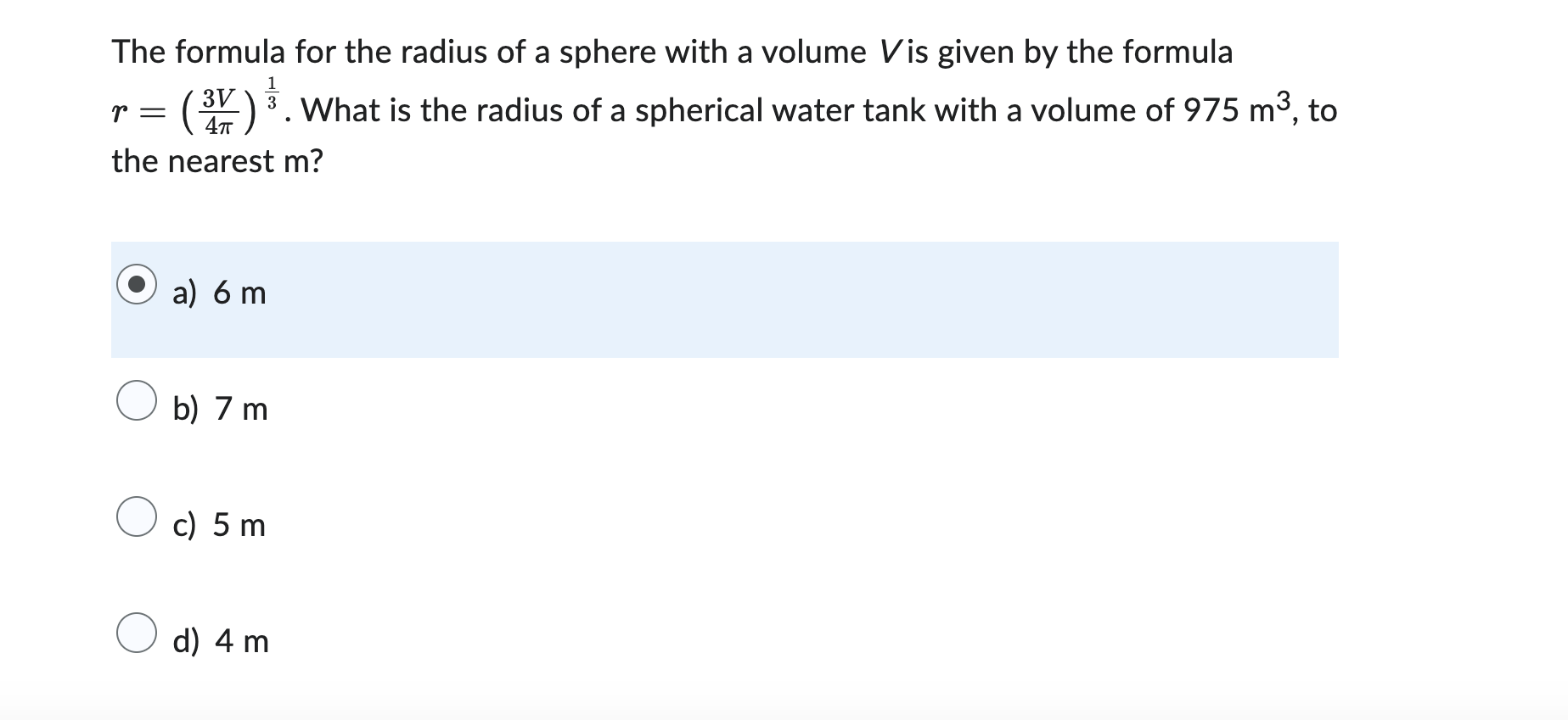 Solved The formula for the radius of a sphere with a volume | Chegg.com