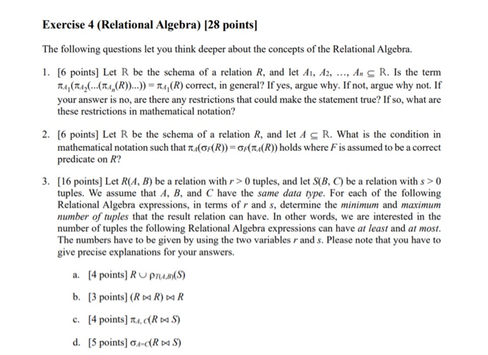 Solved Exercise 4 (Relational Algebra) [28 points) The | Chegg.com