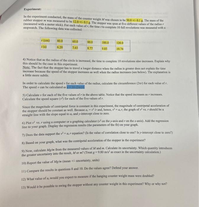 Solved Experiment: In the experiment conducted, the mass of | Chegg.com