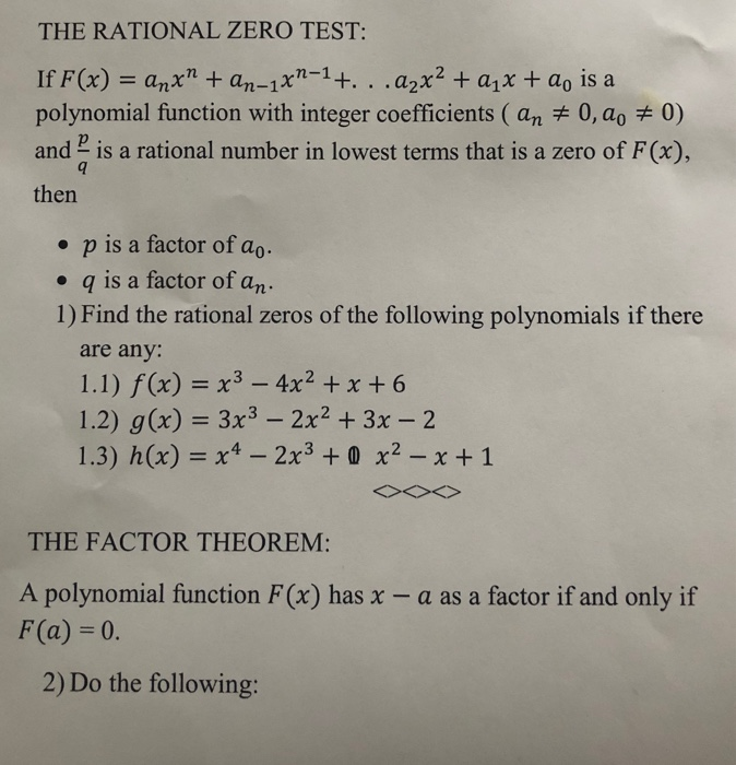 Solved The Rational Zero Test If F X Anxn An 1 N 1 Chegg Com