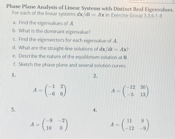 Solved Phase Plane Analysis of Linear Systems with Distint | Chegg.com