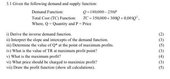 Solved 3.1 Given the following demand and supply function: | Chegg.com