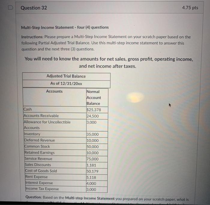 Solved Question 32 4.75 pts Multi-Step Income Statement-four | Chegg.com