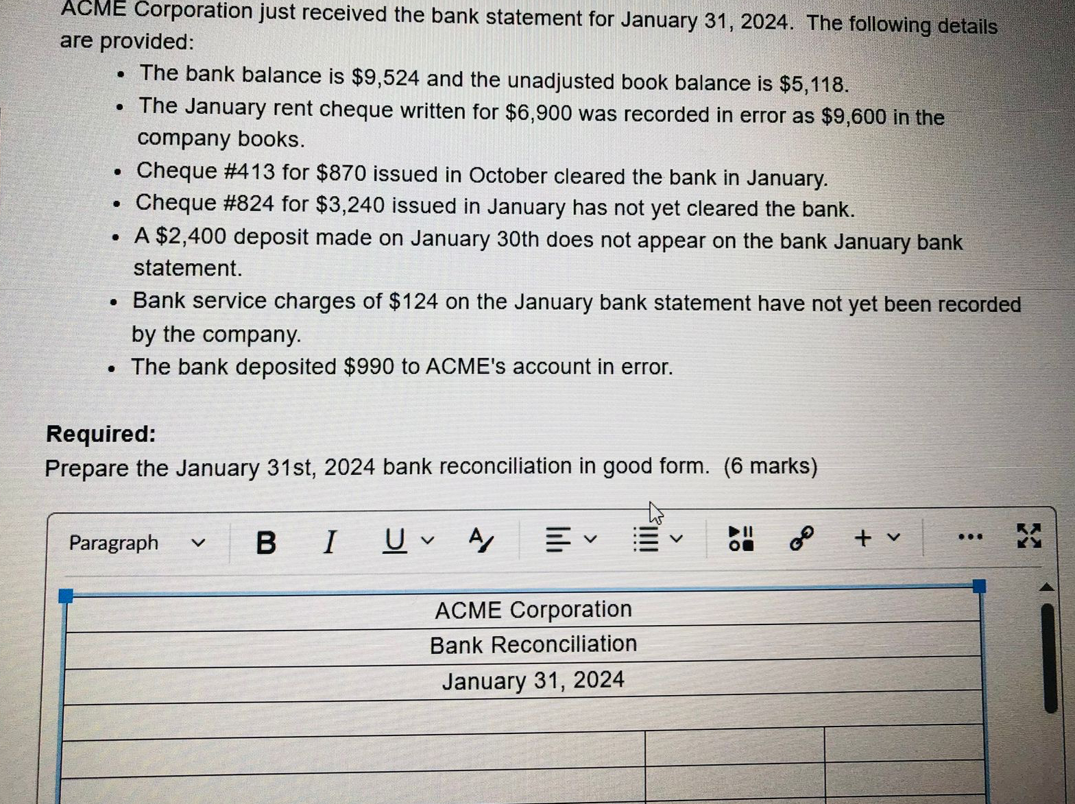 Solved ACME Corporation just received the bank statement for | Chegg.com