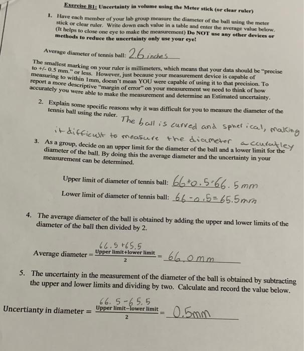 Solved Exercise B1 Uncertainty in volume using the Meter
