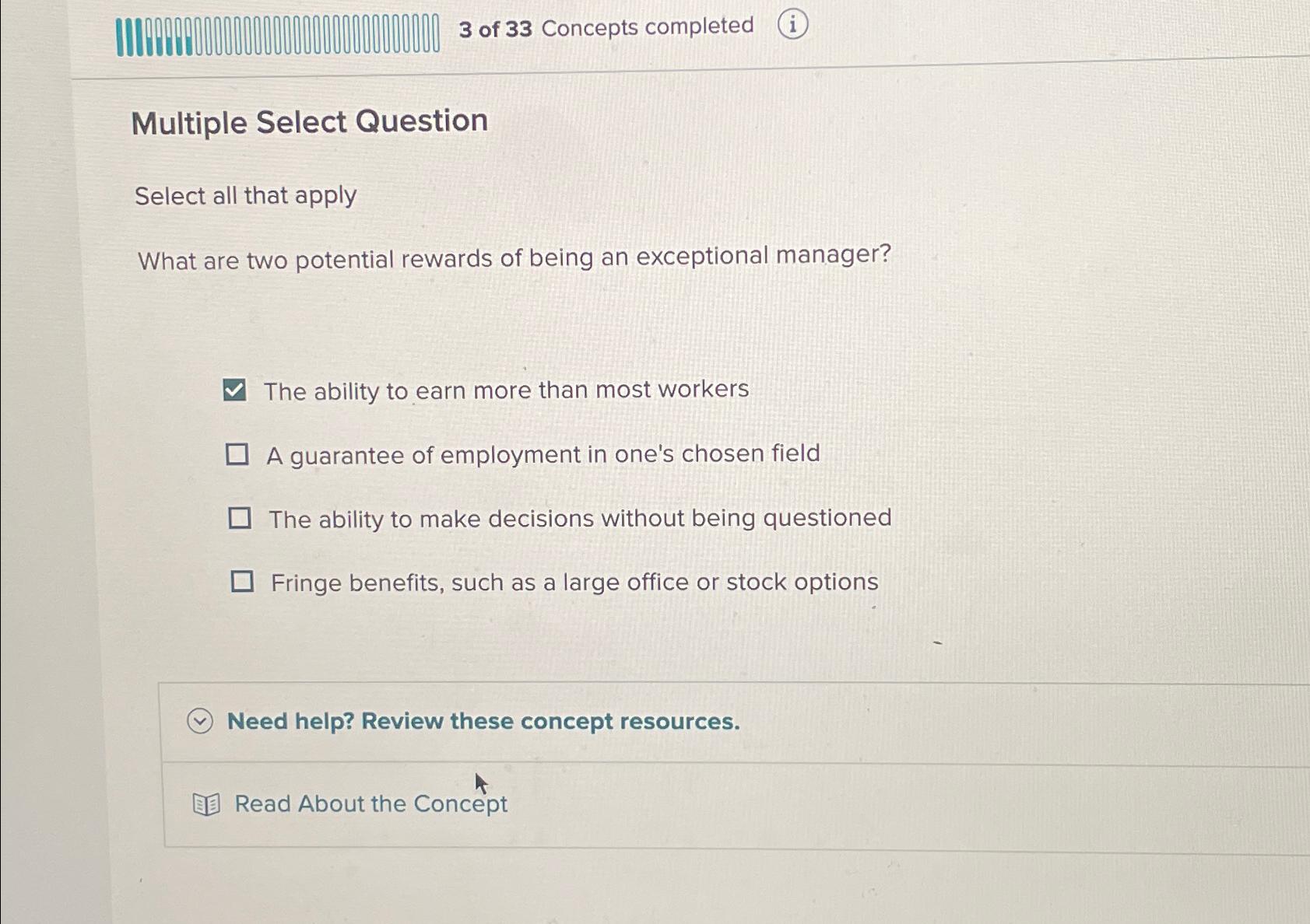 Solved 3 ﻿of 33 ﻿Concepts completed(i)Multiple Select | Chegg.com