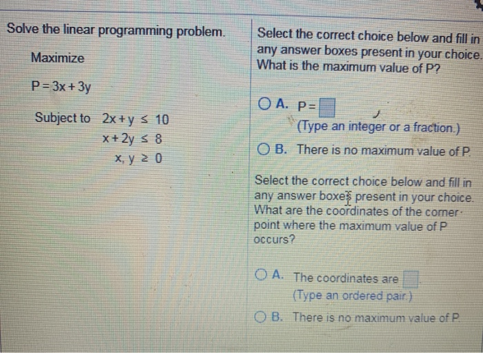 Solved Solve the linear programming problem. Select the | Chegg.com