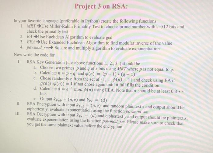 Solved Project 3 on RSA: In your favorite language | Chegg.com