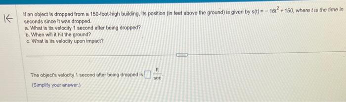 Solved If an object is dropped from a 150 -foot-high | Chegg.com