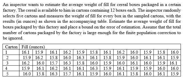 Solved An inspector wants to estimate the average weight of | Chegg.com