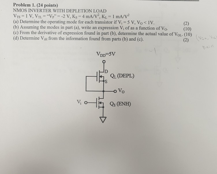 Solved Problem 1. (24 points) NMOS INVERTER WITH DEPLETION | Chegg.com