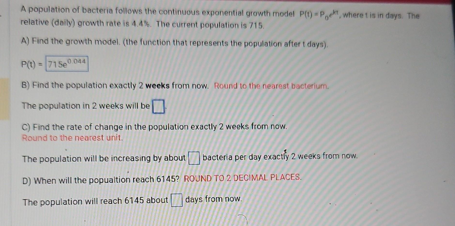 Solved A population of bacteria follows the continuous | Chegg.com