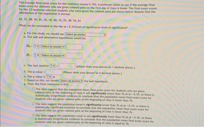 Solved The average final exam score for the statistics | Chegg.com