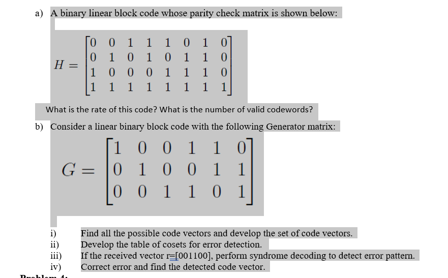 A) ﻿A Binary Linear Block Code Whose Parity Check | Chegg.com