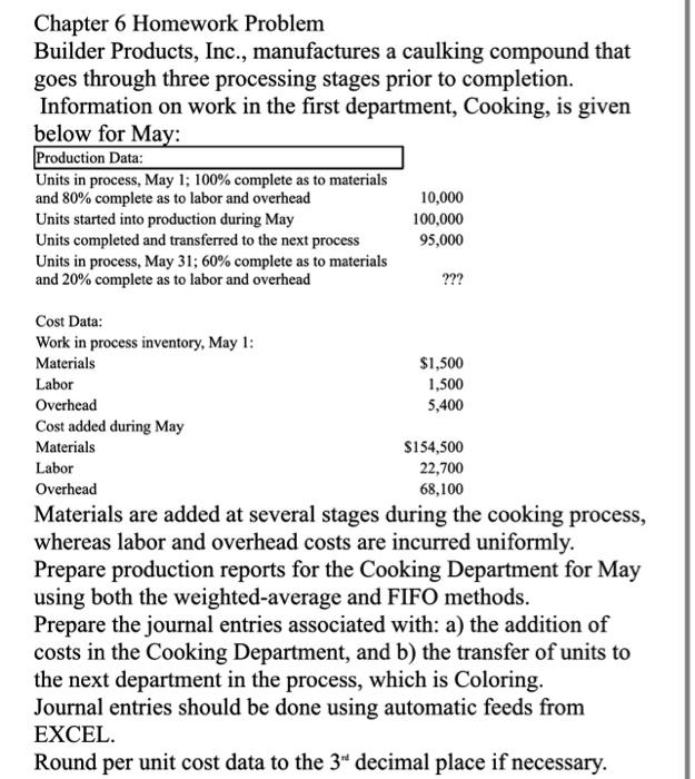 Solved Chapter 6 Homework Problem Builder Products, Inc., | Chegg.com