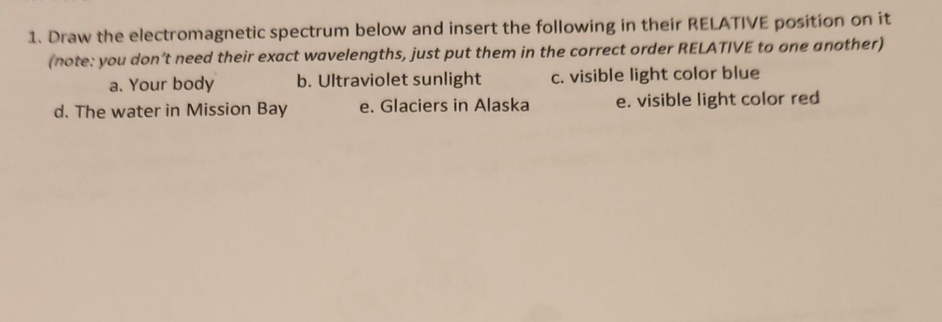 1. Draw the electromagnetic spectrum below and insert the following in their RELATIVE position on it (note: you dont need th