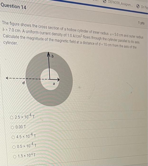 Question 14
The figure shows the cross section of a hollow cylinder of inner radius a=5.0 cm and outer radius
b=7.0 cm. A uni