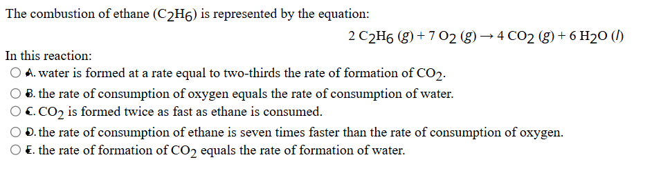 Solved The combustion of ﻿ethane (C2H6) is ﻿represented by | Chegg.com