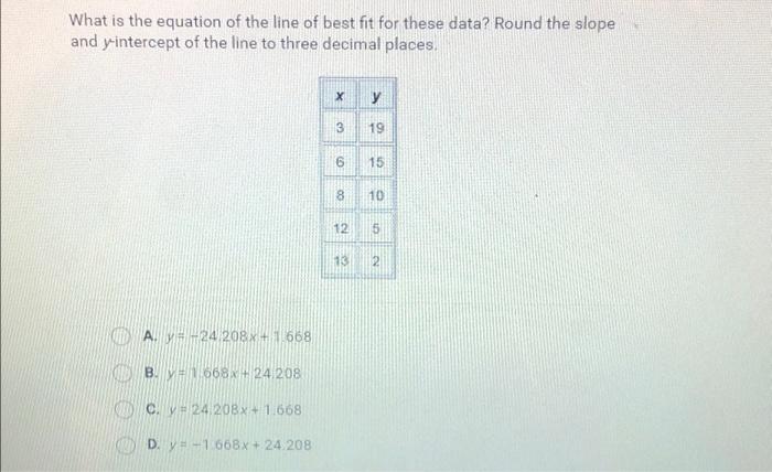 Solved What is the equation of the line of best fit for | Chegg.com