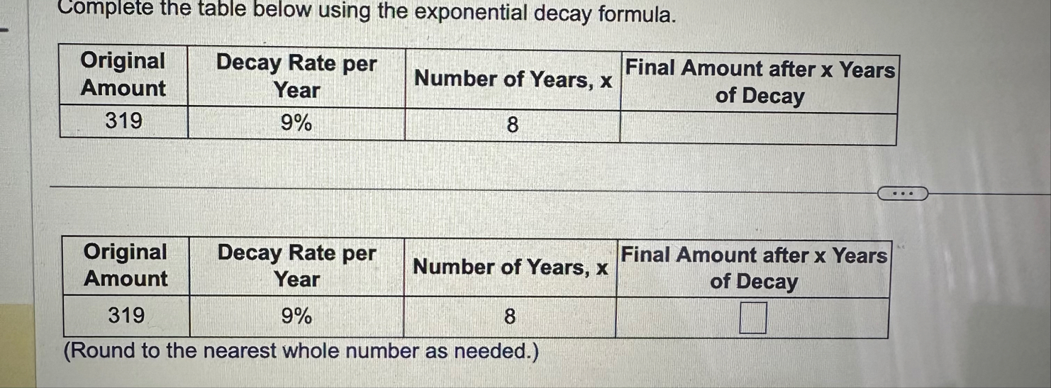 Complete the table below using the exponential decay | Chegg.com