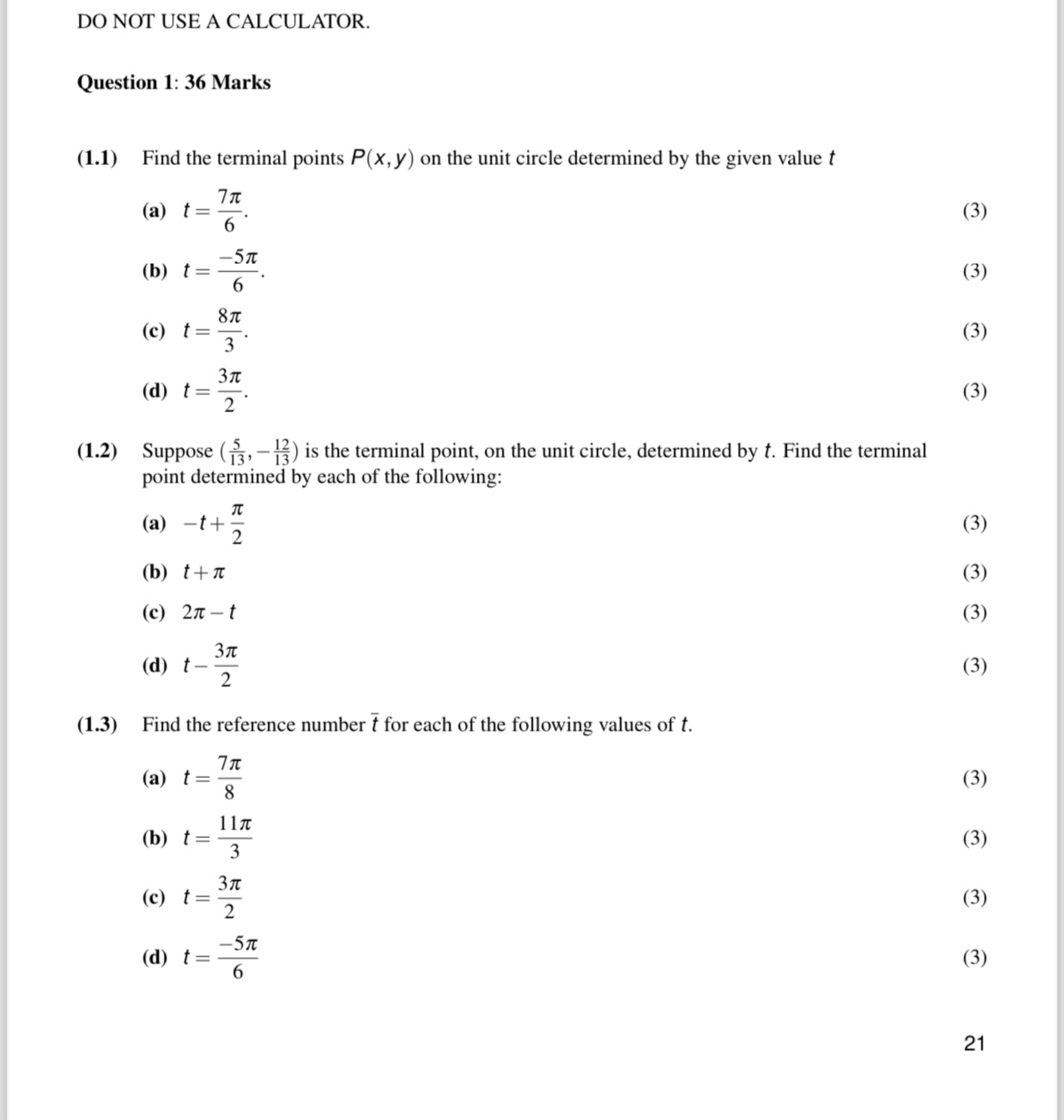 Solved DO NOT USE A CALCULATOR.Question 1: 36 ﻿Marks(1.1) | Chegg.com