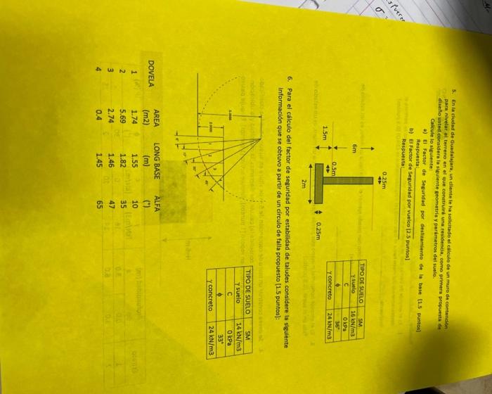 5. En la cludad de Guadalajars, un diente le ha saticitado ol calculo de un muro de coentanctent para nivelar of terreno en e