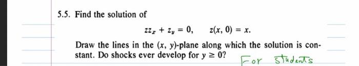 Solved 5.5. Find the solution of zzx+zy=0,z(x,0)=x. Draw the | Chegg.com