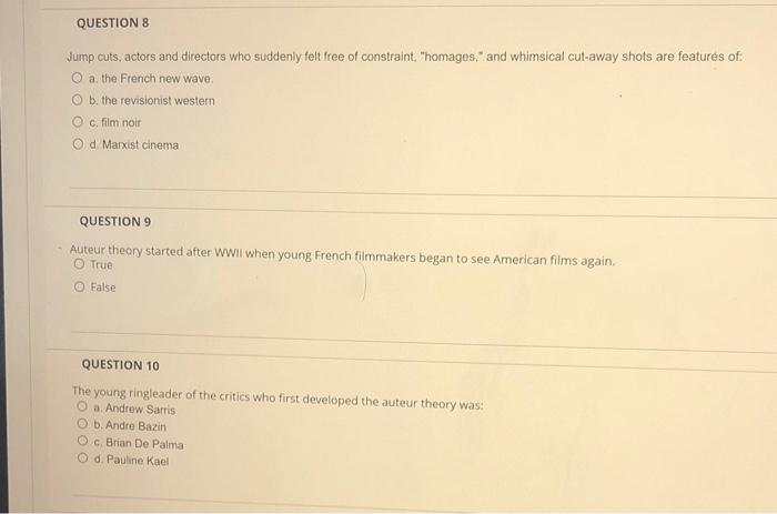 Solved QUESTION 8 Jump cuts, actors and directors who | Chegg.com