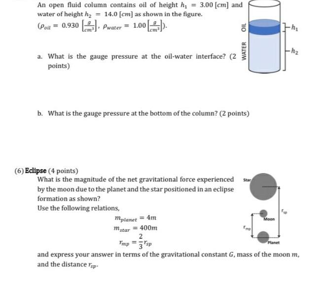 Solved An open fluid column contains oil of height hy = 3.00 | Chegg.com