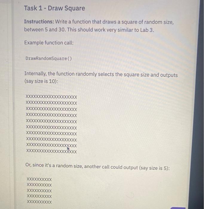 Solved Task 1 - Draw Square Instructions: Write a function | Chegg.com