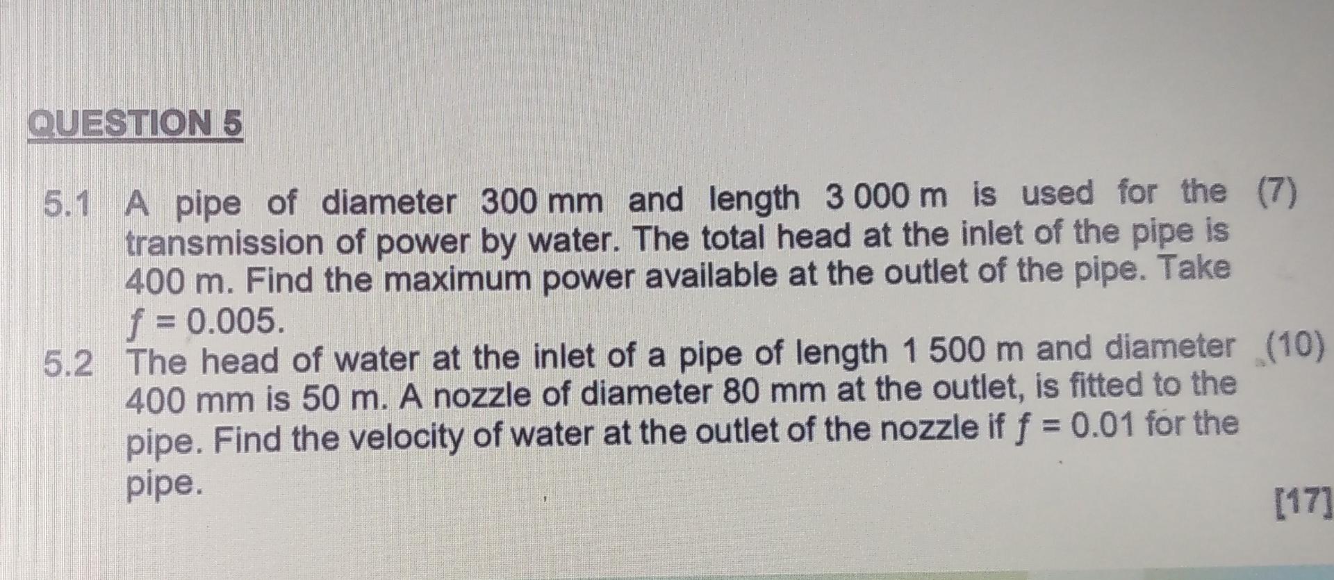 Solved QUESTION 5 5.1 A pipe of diameter 300 mm and length 3 | Chegg.com