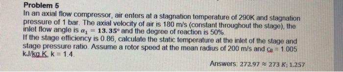 Solved Problem 5 In an axial flow compressor, air enters at | Chegg.com