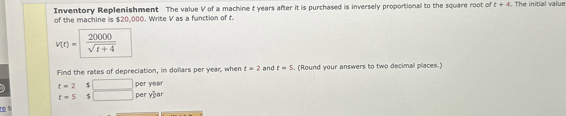 Solved Inventory Replenishment The value V ﻿of a machine t | Chegg.com
