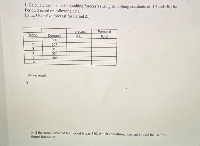 Solved 1. Calculate exponential smoothing forecasts (using