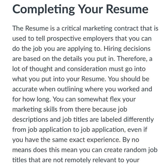 Solved Completing Your Resume The Resume is a critical | Chegg.com