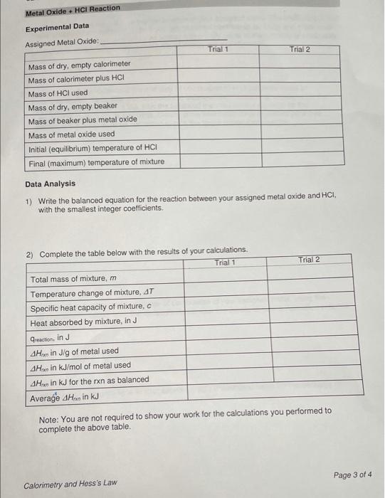 Lab Report Calorimetry and Hess's Law Metal + HCI