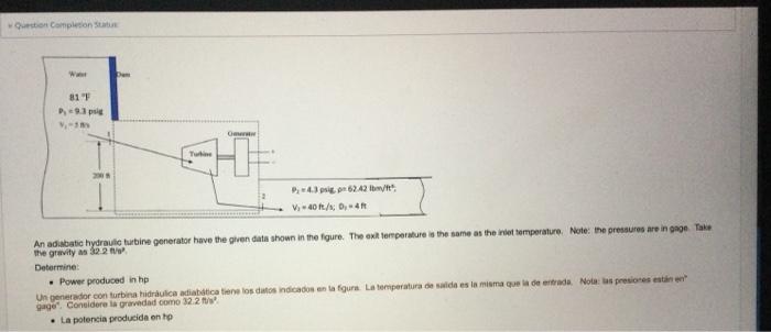 Question Completion Status Wa 81 F P,-9.3 psig V₁-3m Omer H Turbine P-4.3 psgp 62.42 lb/ft V₁-40 ft/s; D-4 An adiabatic hydr