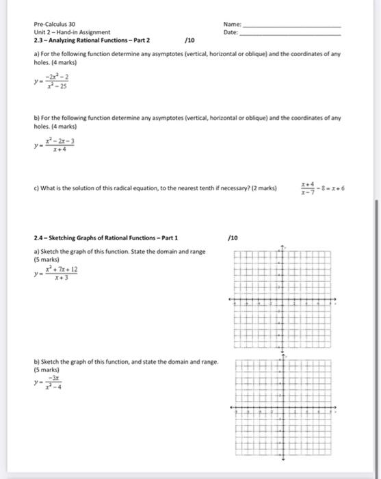 Solved Pre-Calculus 30 Name: Unit 2-Hand-in Assignment Date: | Chegg.com