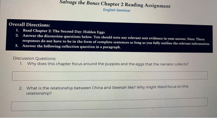 Salvage the Bones Chapter 2 Reading Assignment | Chegg.com