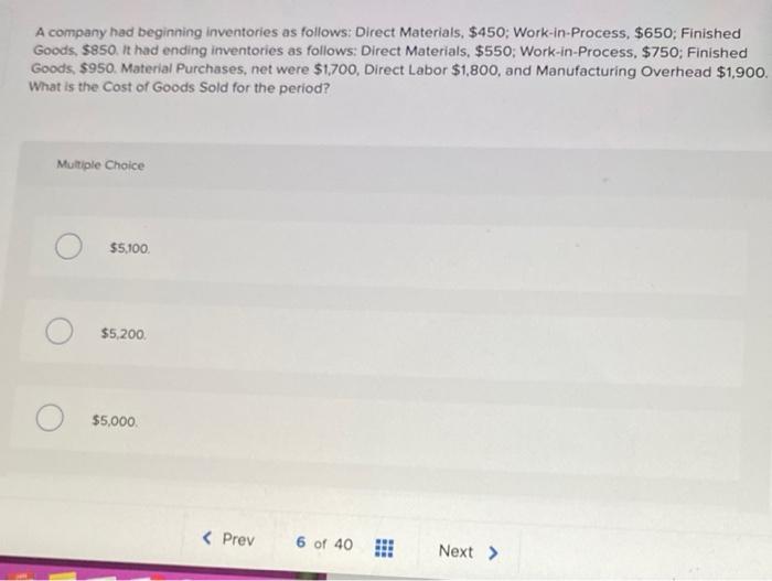 Solved A company had beginning inventories as follows