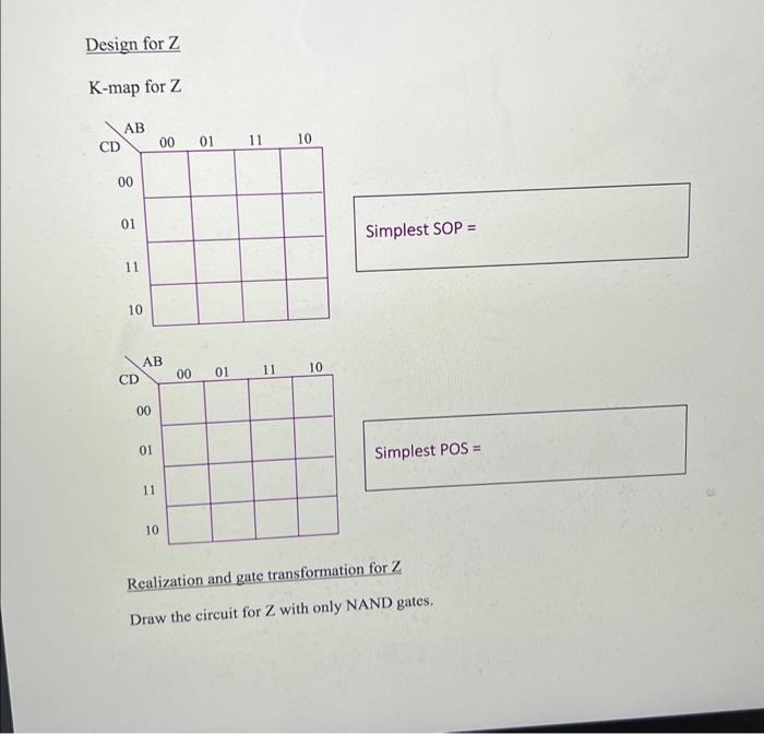 Design for \( \mathbf{Z} \)
K-map for Z
Simplest SOP \( = \)
Simplest POS \( = \)
Realization and gate transformation for \( 