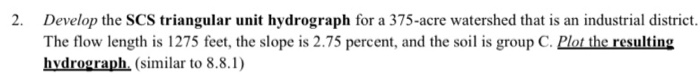 Solved 2. Develop the SCS triangular unit hydrograph for a | Chegg.com