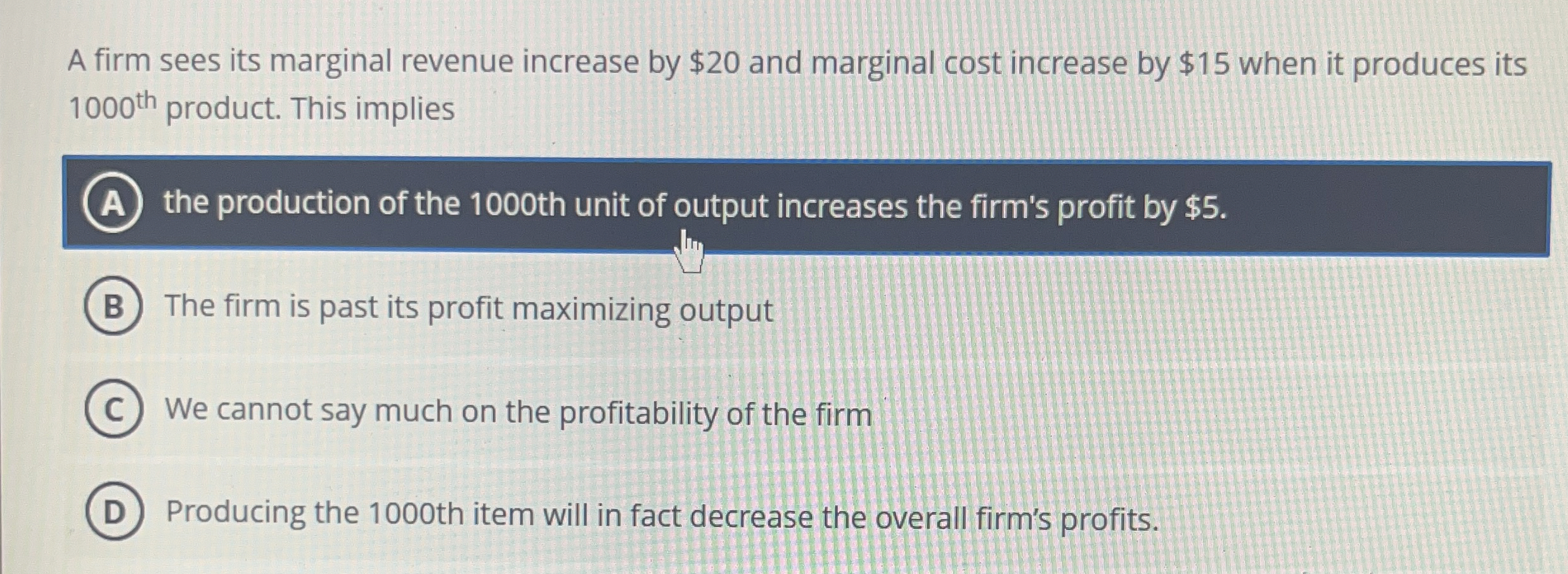 Solved A firm sees its marginal revenue increase by $20 ﻿and | Chegg.com