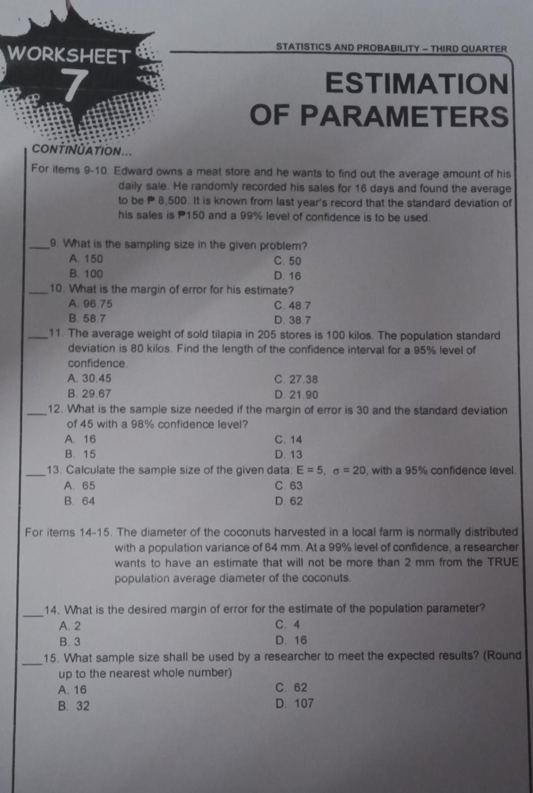 Solved STATISTICS AND PROBABILITY THIRD QUARTER WORKSHEET