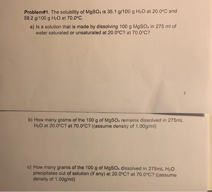 Solved Problem#1. The solubility of MgSO4 is 35.1 g/100 g | Chegg.com