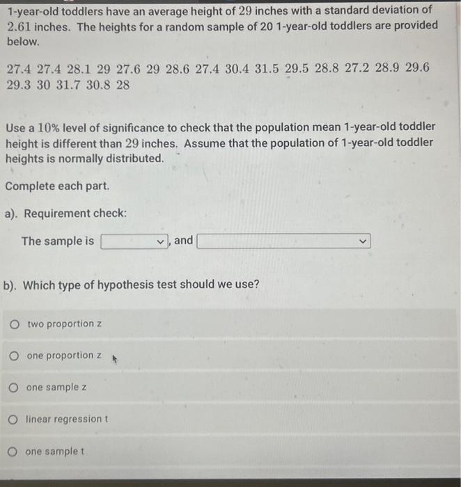 1-year-old toddlers have an average height of 29 | Chegg.com